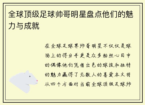 全球顶级足球帅哥明星盘点他们的魅力与成就